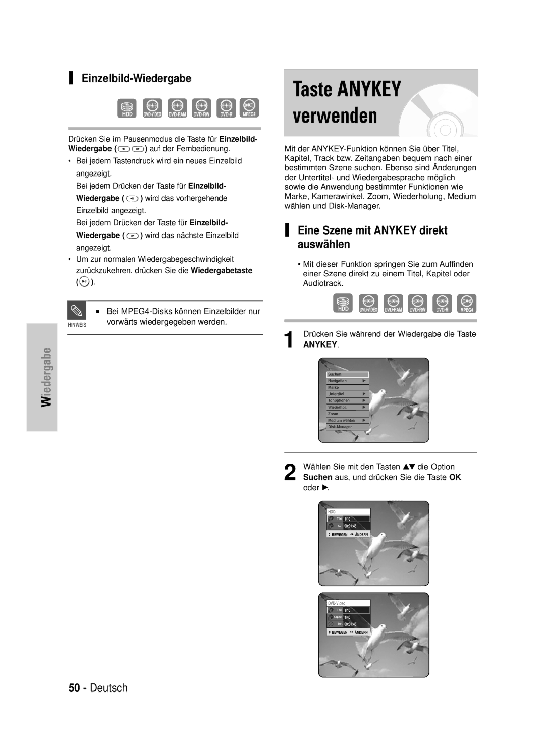 Samsung DVD-HR725/XEG manual Taste Anykey verwenden, Einzelbild-Wiedergabe, Eine Szene mit Anykey direkt auswä hlen 