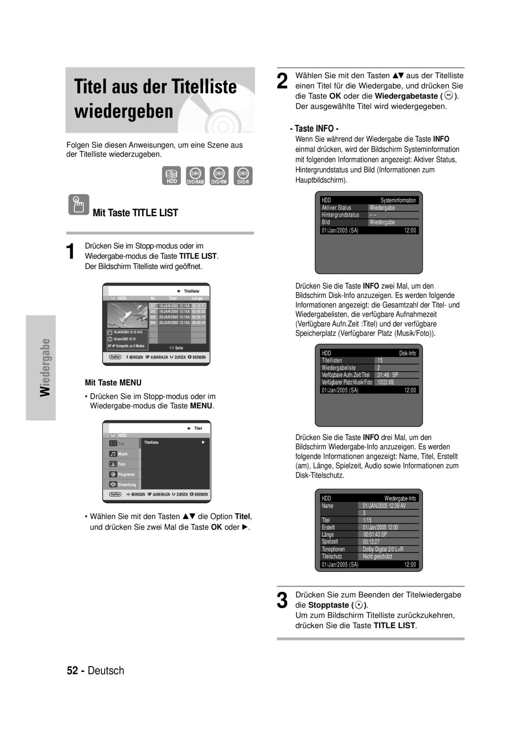 Samsung DVD-HR725/XEG manual Titel aus der Titelliste wiedergeben, Mit Taste Title List, Taste Info 