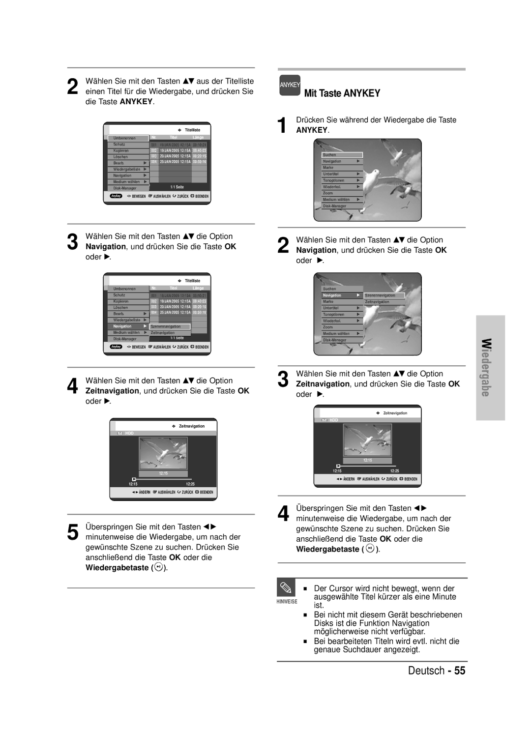 Samsung DVD-HR725/XEG manual Iedergabe, Zeitnavigation, und drücken Sie die Taste OK 