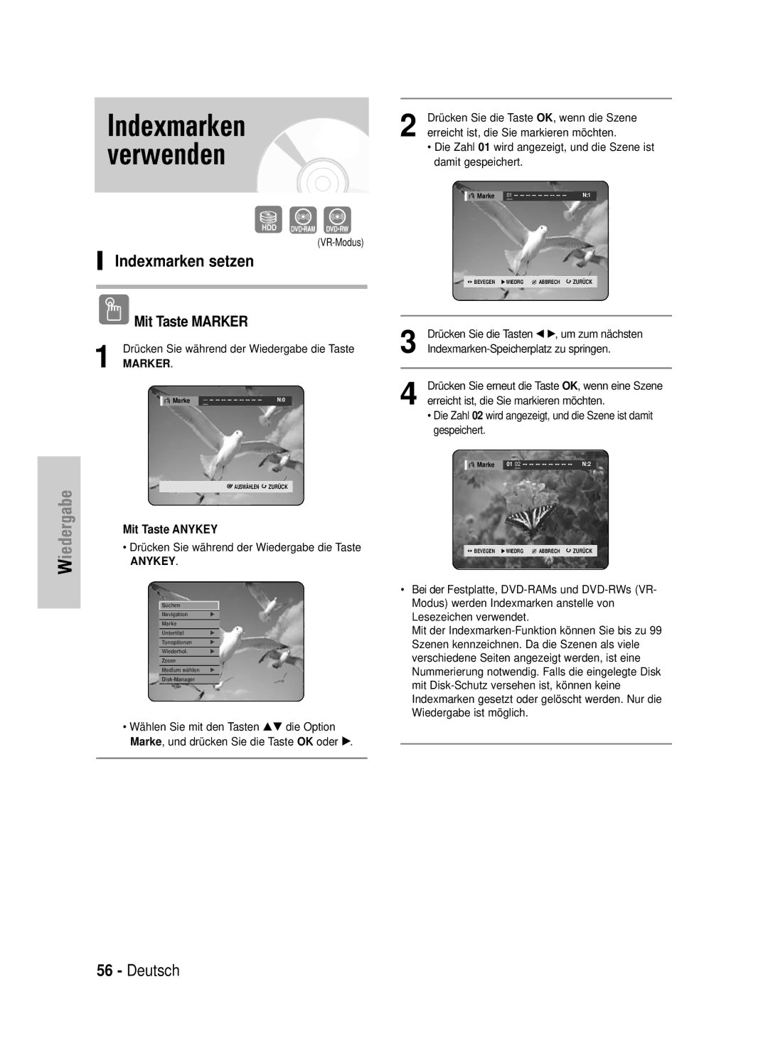 Samsung DVD-HR725/XEG manual Indexmarken setzen, Mit Taste Marker, Drücken Sie während der Wiedergabe die Taste 