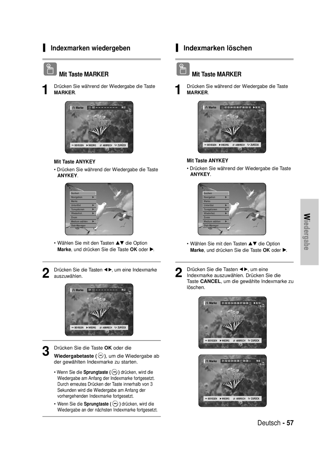 Samsung DVD-HR725/XEG manual Indexmarken wiedergeben, Indexmarken lö schen, Drücken Sie die Tasten œ √, um eine Indexmarke 