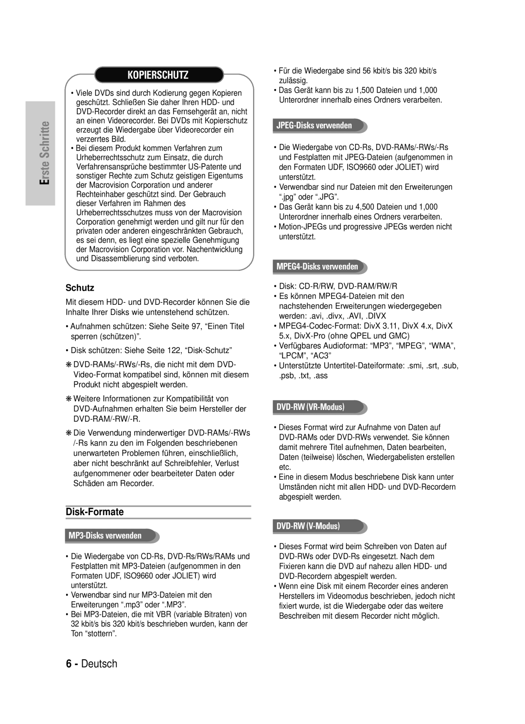 Samsung DVD-HR725/XEG manual Disk-Formate, Schutz, Motion-JPEGs und progressive JPEGs werden nicht unterstützt 