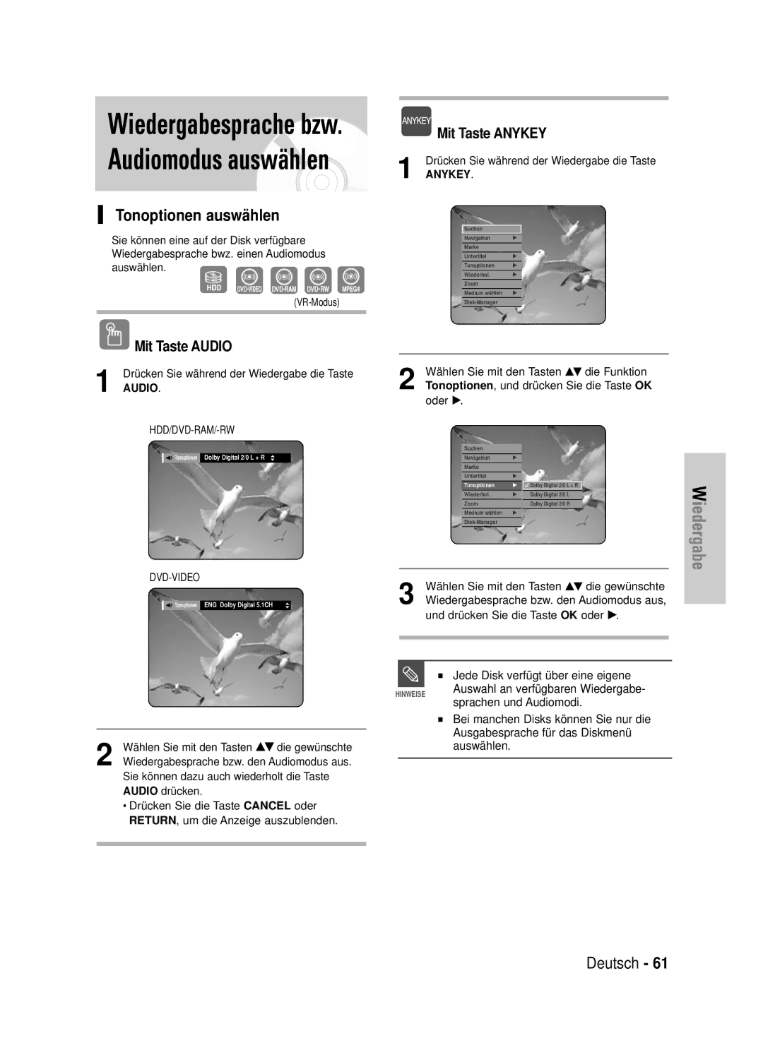 Samsung DVD-HR725/XEG manual Tonoptionen auswählen, Mit Taste Audio, Jede Disk verfügt über eine eigene 