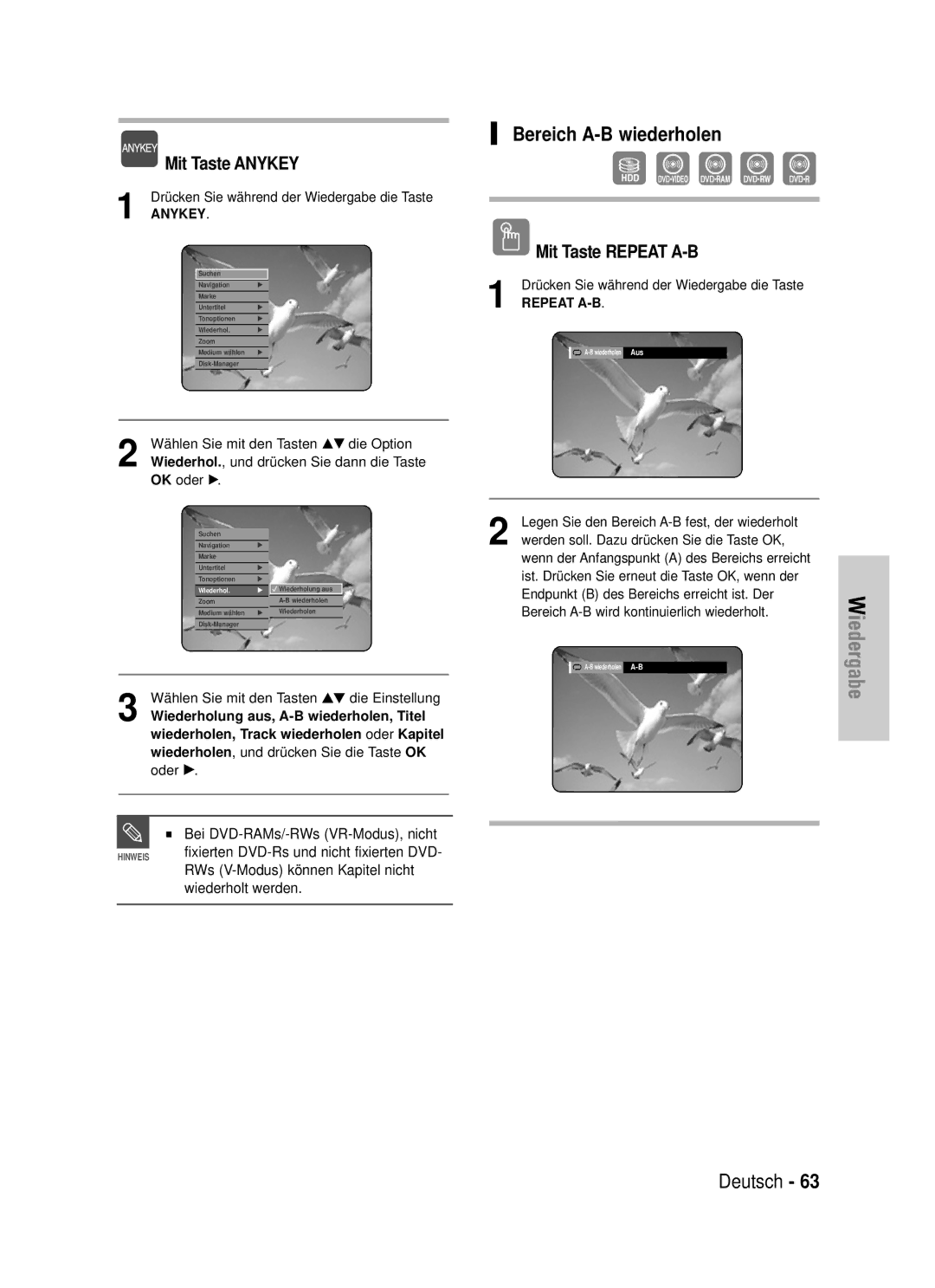 Samsung DVD-HR725/XEG manual Bereich A-B wiederholen, Mit Taste Repeat A-B, Wiederholen, Track wiederholen oder Kapitel 