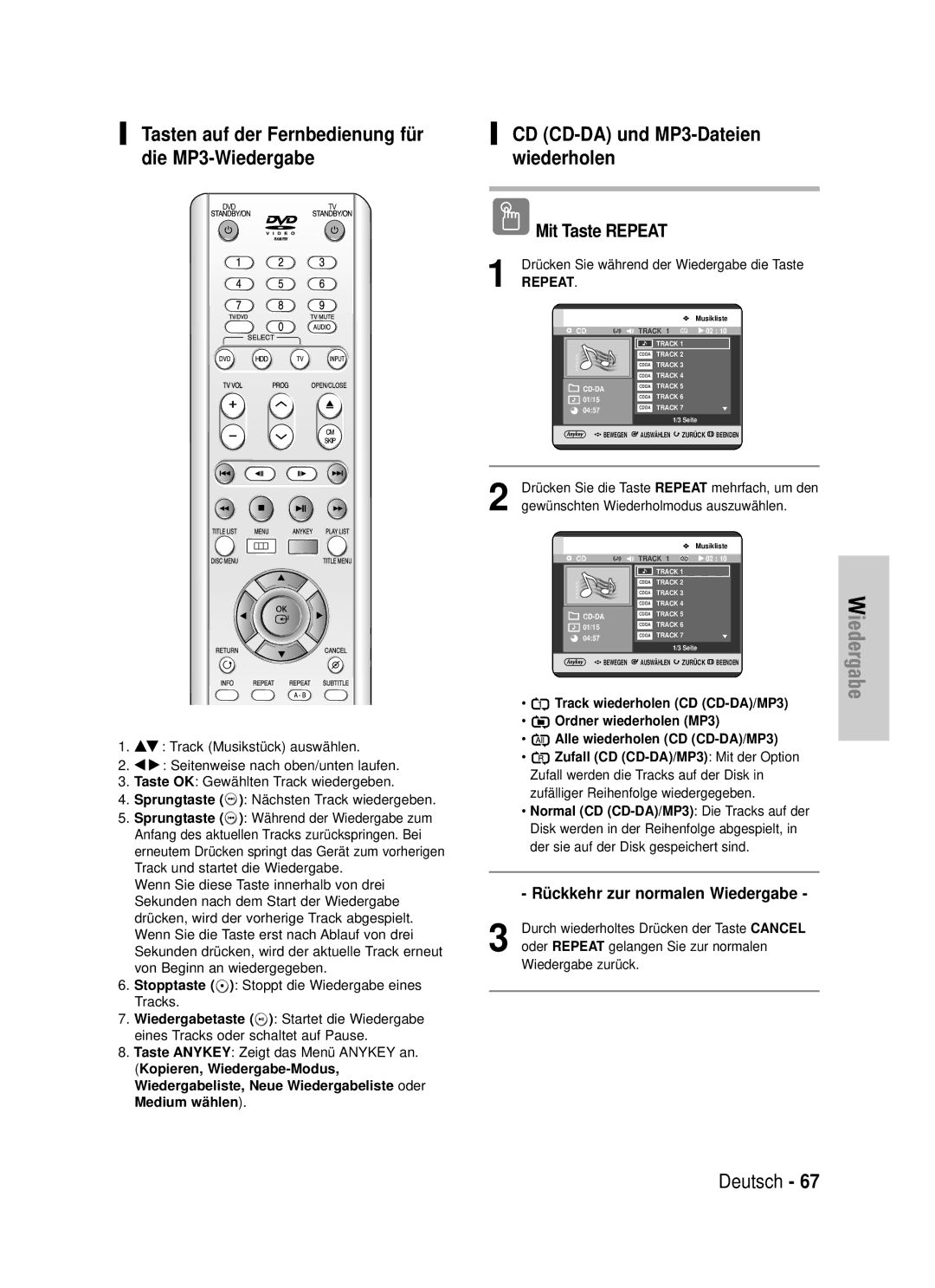 Samsung DVD-HR725/XEG manual Tasten auf der Fernbedienung fü r die MP3-Wiedergabe, CD CD-DA und MP3-Dateien wiederholen 