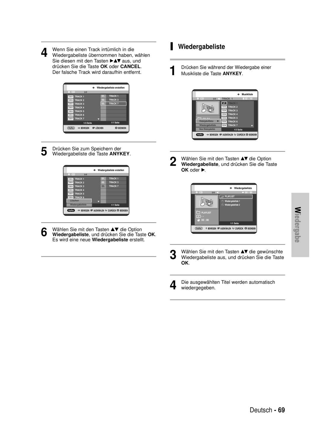 Samsung DVD-HR725/XEG manual Drücken Sie zum Speichern der, Wiedergabeliste die Taste Anykey 