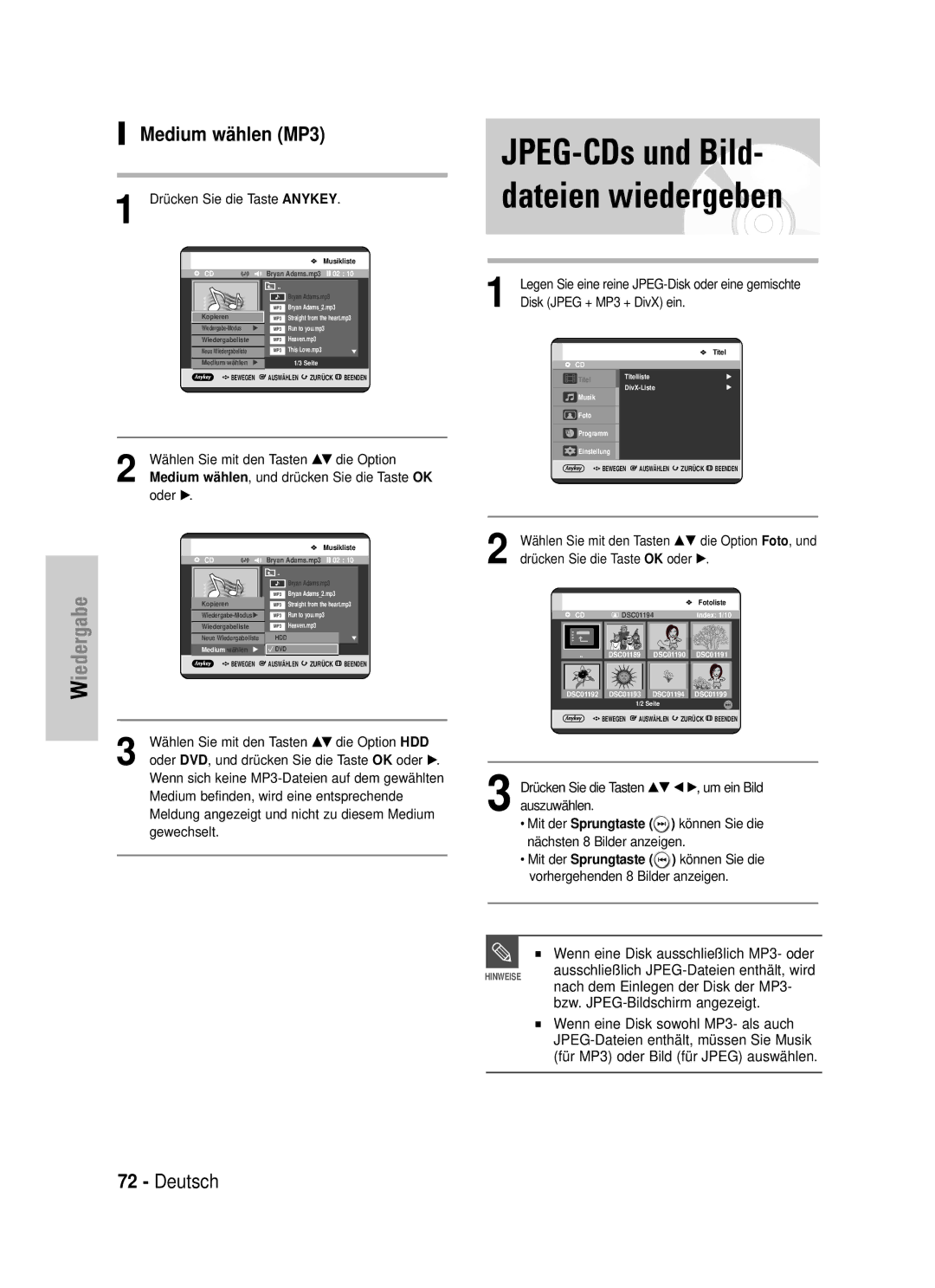 Samsung DVD-HR725/XEG manual Medium wä hlen MP3, Disk Jpeg + MP3 + DivX ein 