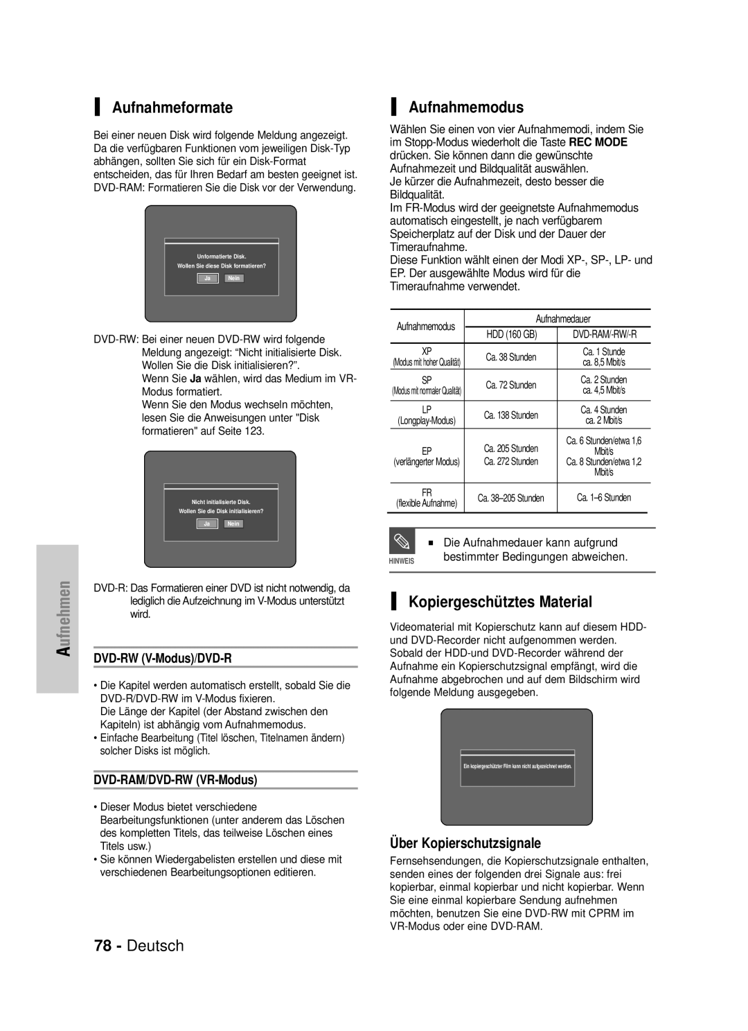 Samsung DVD-HR725/XEG manual Aufnahmeformate, Aufnahmemodus, Kopiergeschütztes Material, Über Kopierschutzsignale 