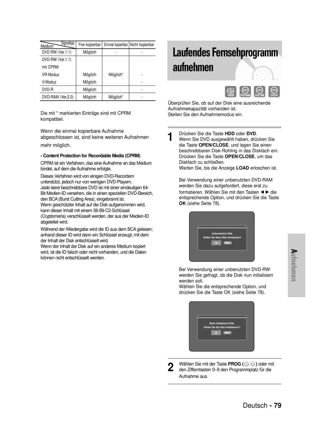 Samsung DVD-HR725/XEG manual Mehr möglich, Medium, Mit Cprm VR-Modus, Content Protection for Recordable Media Cprm 