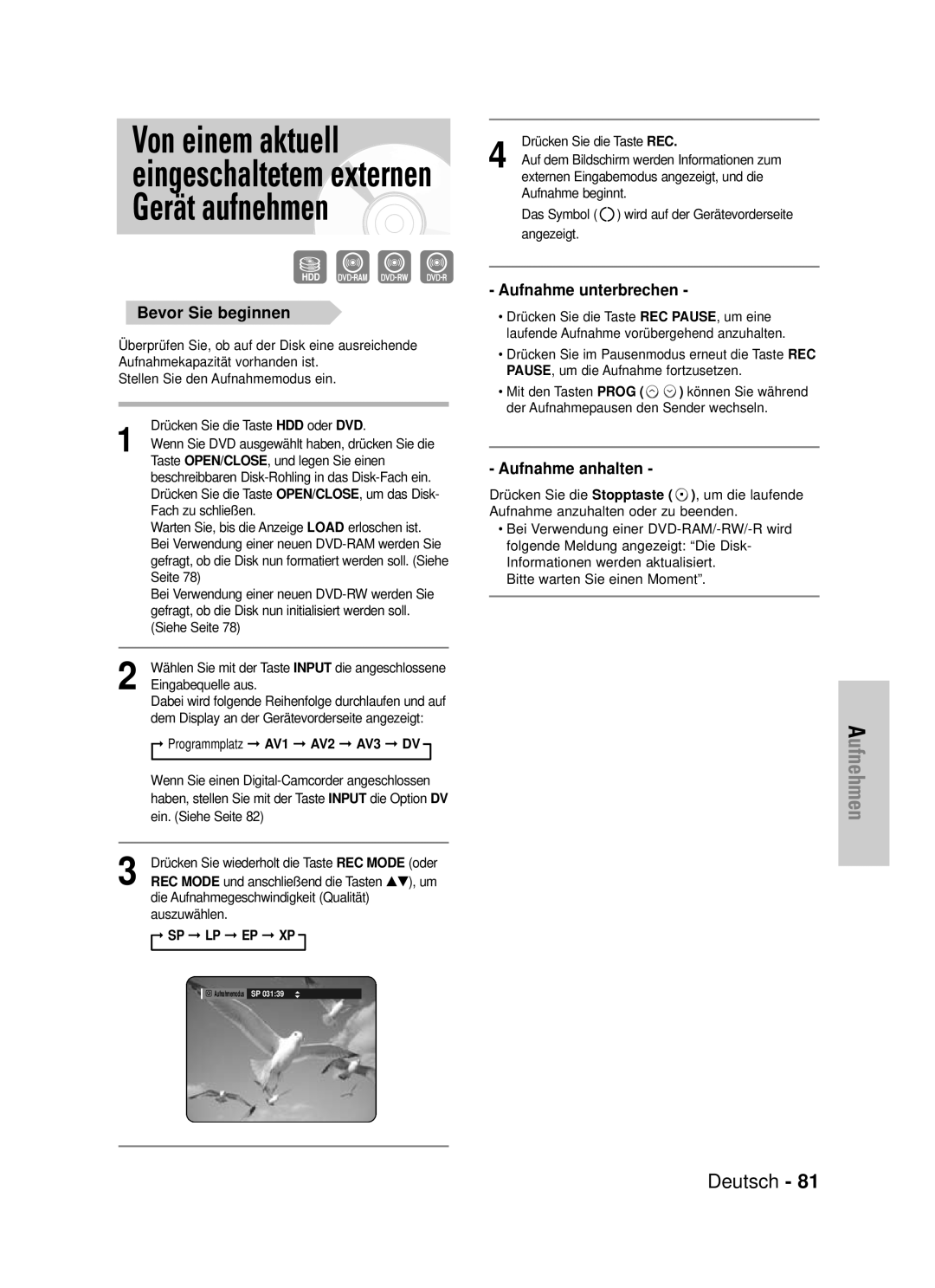 Samsung DVD-HR725/XEG manual Bevor Sie beginnen, Sp Lp Ep Xp 