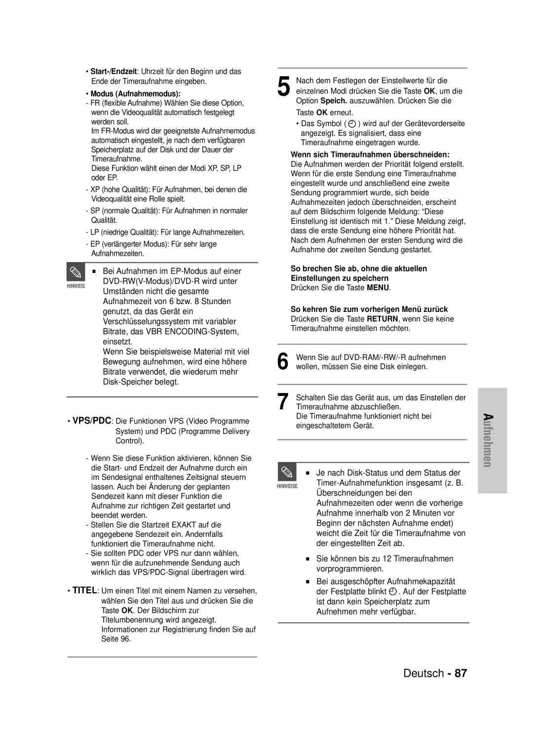 Samsung DVD-HR725/XEG Bei Aufnahmen im EP-Modus auf einer, Überschneidungen bei den, Aufnahme innerhalb von 2 Minuten vor 