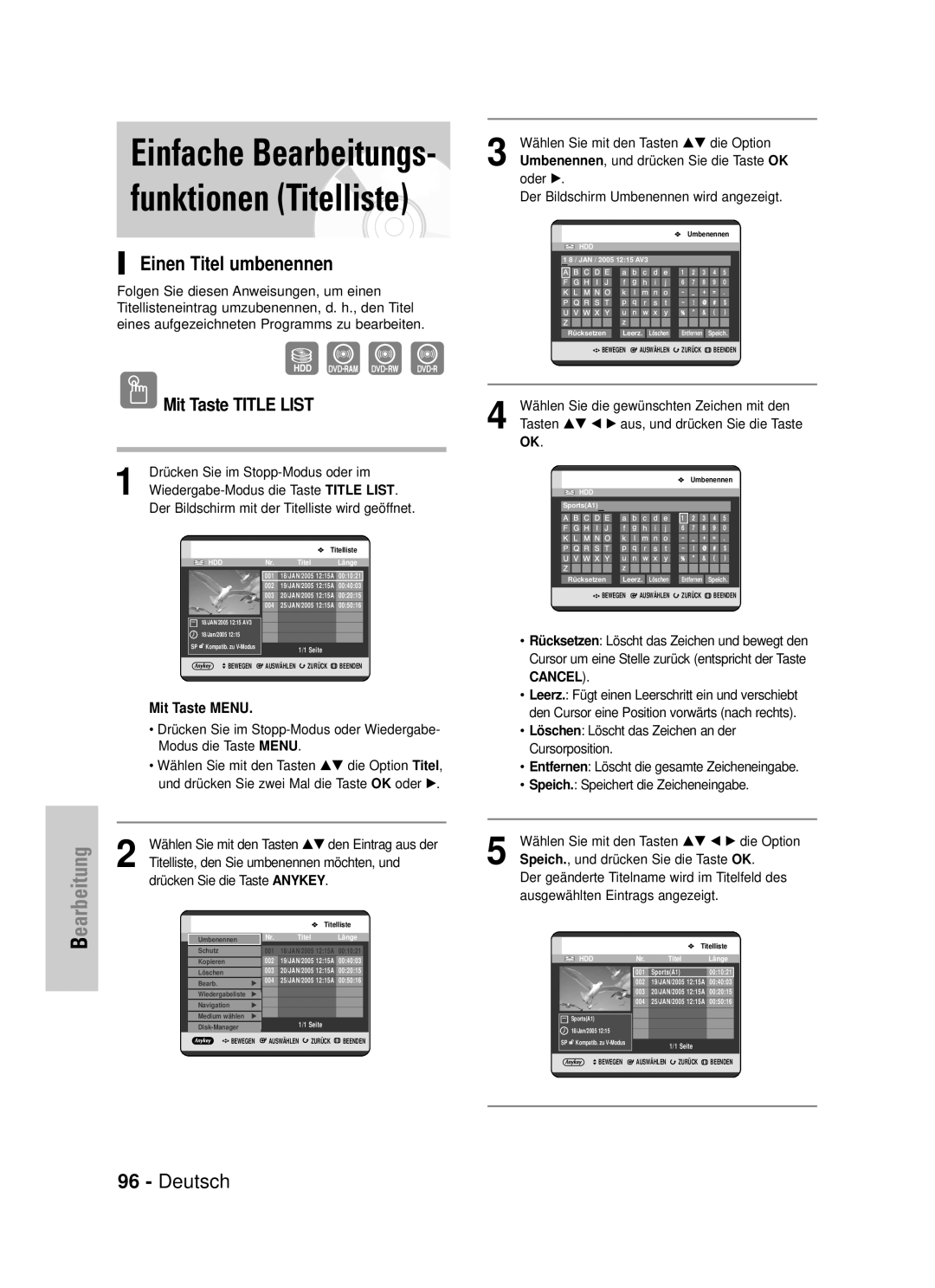 Samsung DVD-HR725/XEG Einfache Bearbeitungs- funktionen Titelliste, Einen Titel umbenennen, Drücken Sie die Taste Anykey 