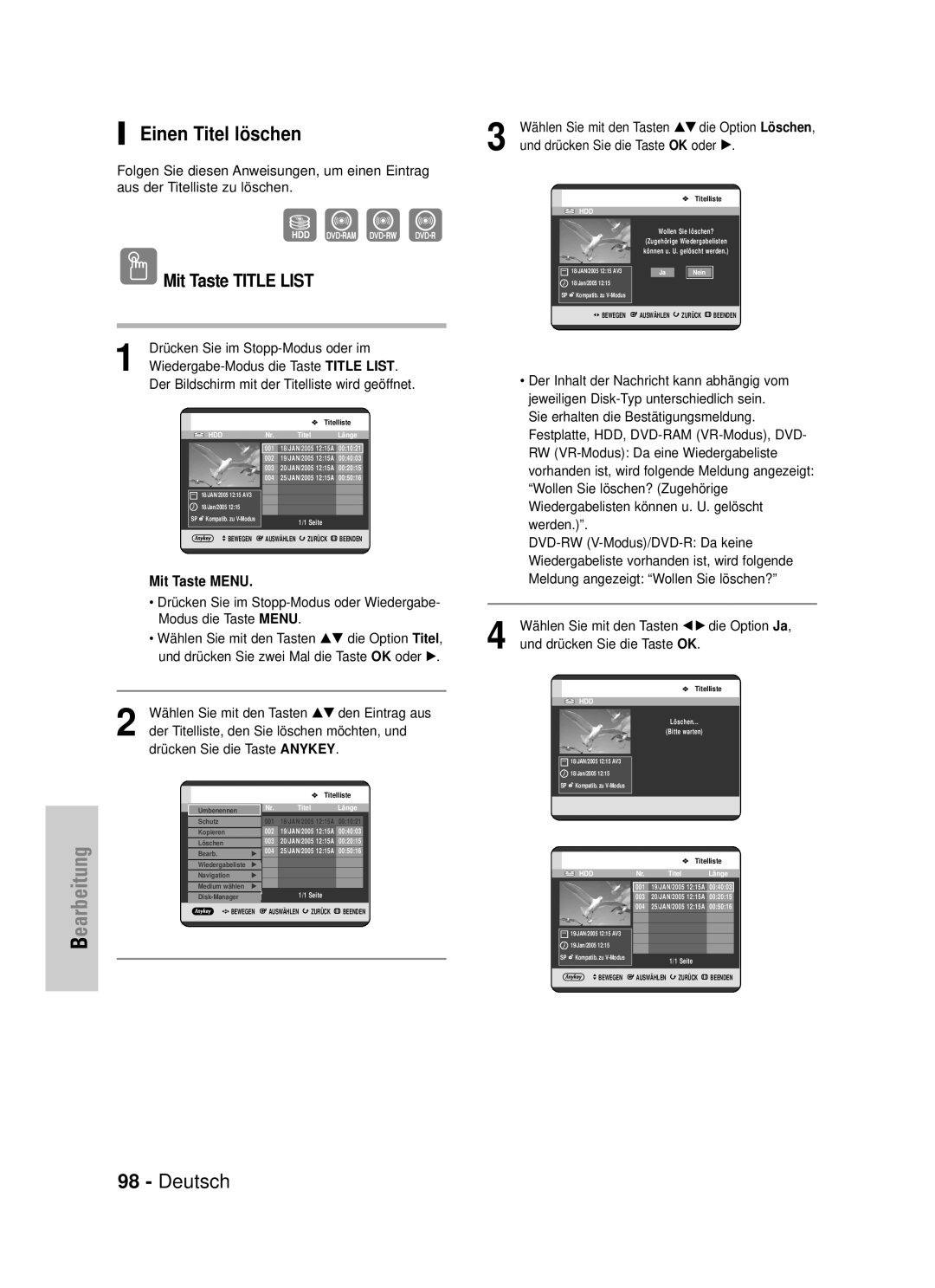 Samsung DVD-HR725/XEG manual Einen Titel löschen, Wiedergabe-Modus die Taste Title List, Und drücken Sie die Taste OK 