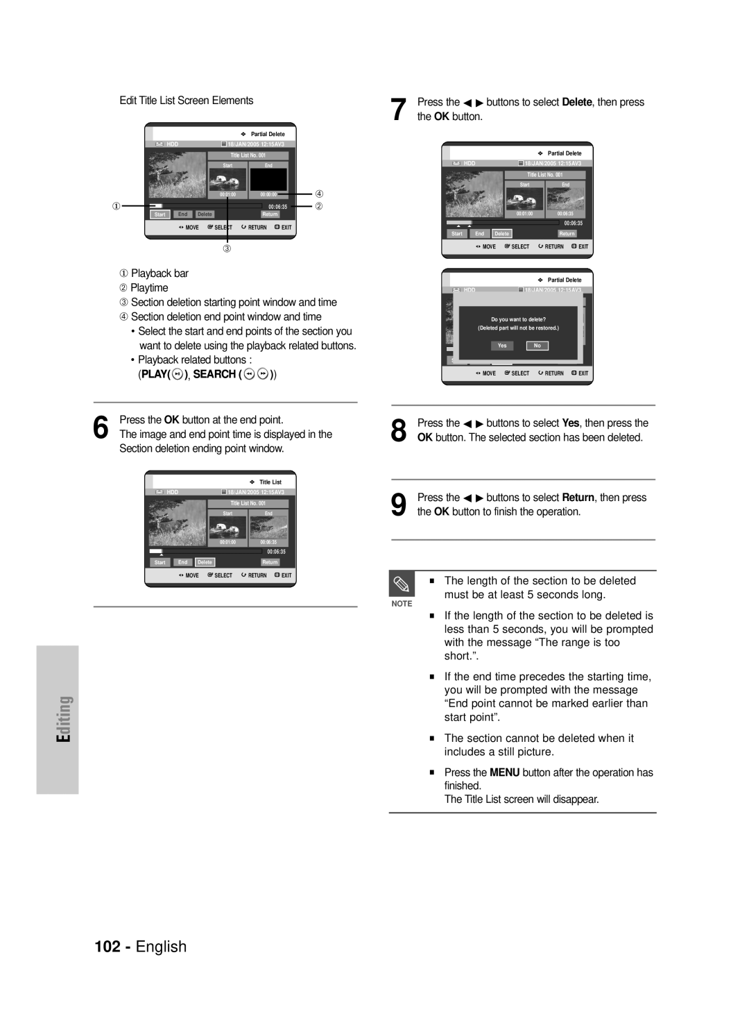 Samsung DVD-HR725/XEH manual Play , Search, Press the OK button at the end point, Image and end point time is displayed 