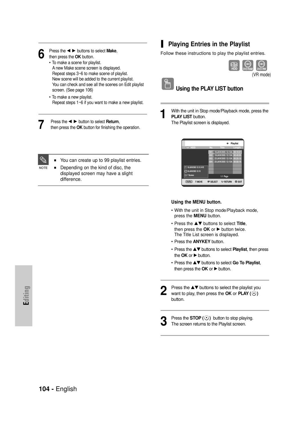 Samsung DVD-HR725/XEH, DVD-HR725/EUR manual Playing Entries in the Playlist, Using the Play List button 