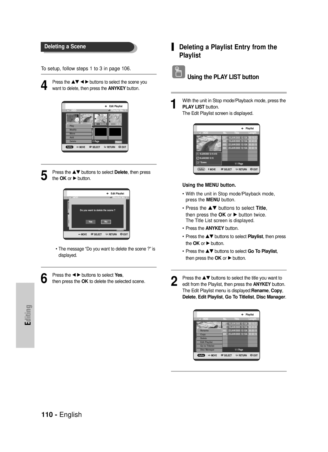 Samsung DVD-HR725/XEH manual Deleting a Playlist Entry from the Playlist, Press the …† œ √ buttons to select the scene you 