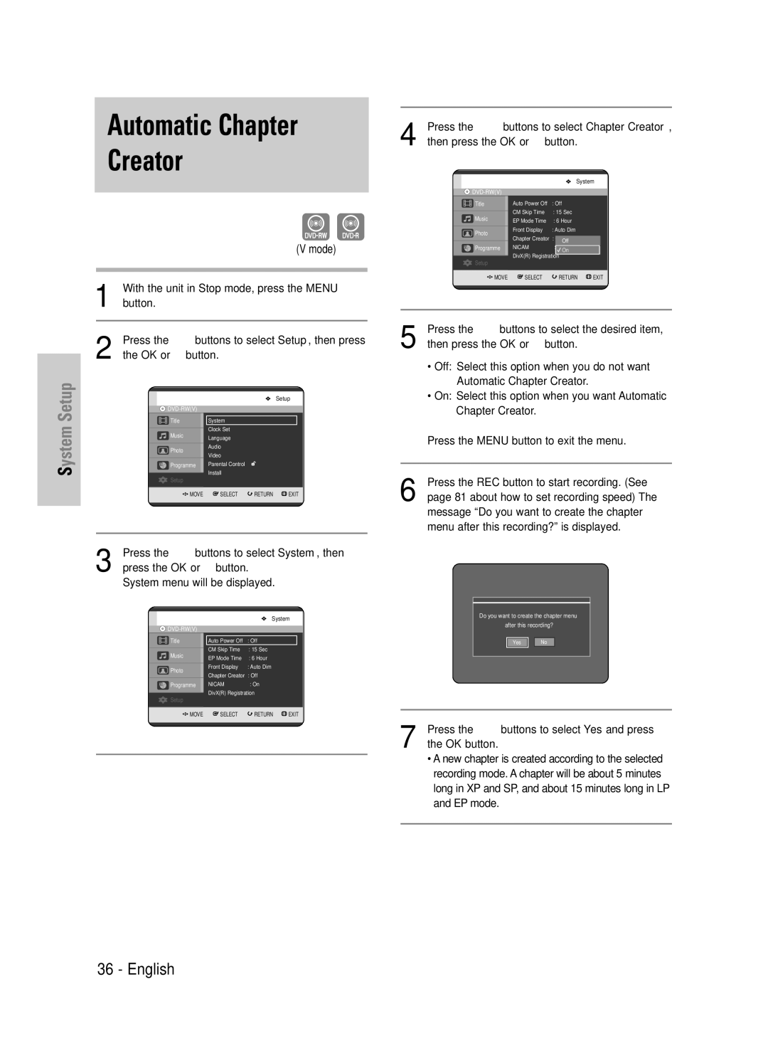 Samsung DVD-HR725/XEH, DVD-HR725/EUR manual Automatic Chapter Creator 