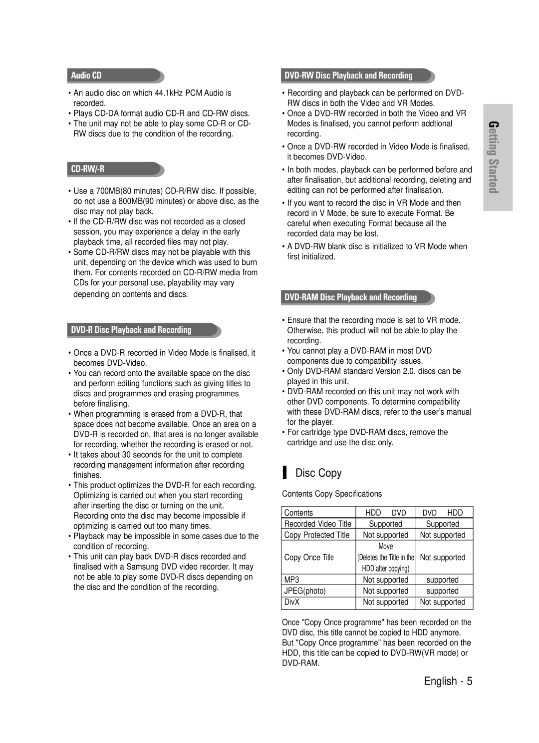 Samsung DVD-HR725/EUR, DVD-HR725/XEH manual Disc Copy, Contents Copy Specifications, Copy Once Title, JPEGphoto, DivX 