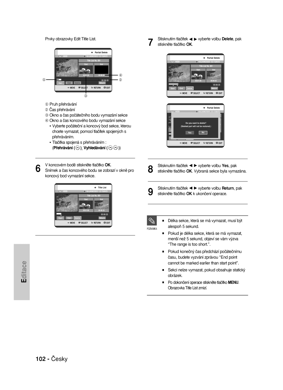 Samsung DVD-HR725/XEH, DVD-HR725/EUR manual 102 âesky, Pﬁehrávání , Vyhledávání 