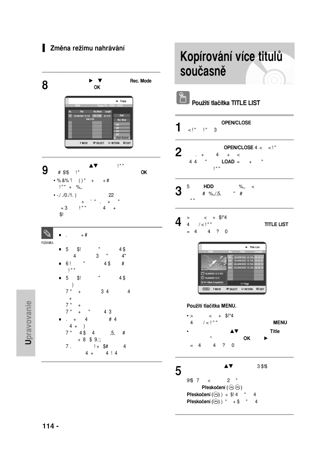 Samsung DVD-HR725/XEH, DVD-HR725/EUR manual Kopírování více titulÛ souãasnû, Zmûna reÏimu nahrávání, 114 âesky, Playlist 