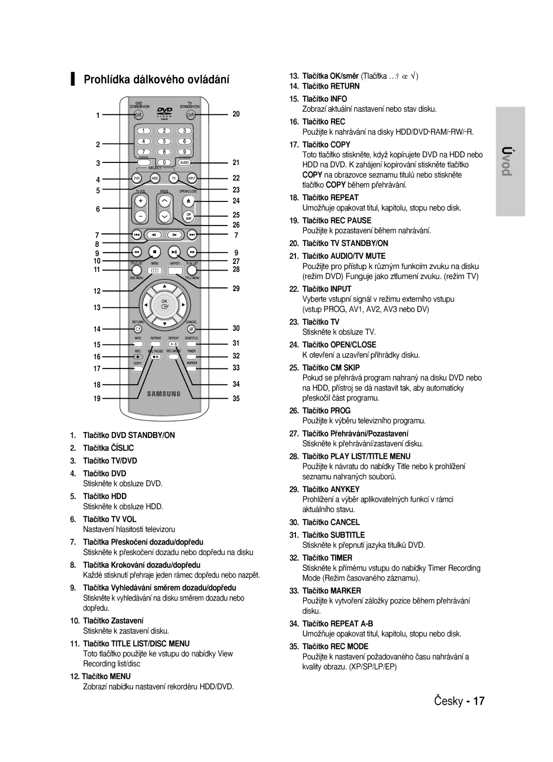 Samsung DVD-HR725/EUR, DVD-HR725/XEH manual Prohlídka dálkového ovládání 