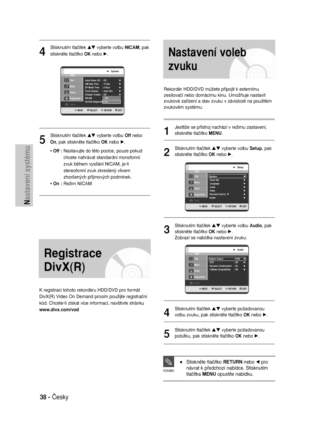 Samsung DVD-HR725/XEH, DVD-HR725/EUR manual Nastavení voleb zvuku, Registrace DivXR, 38 âesky 