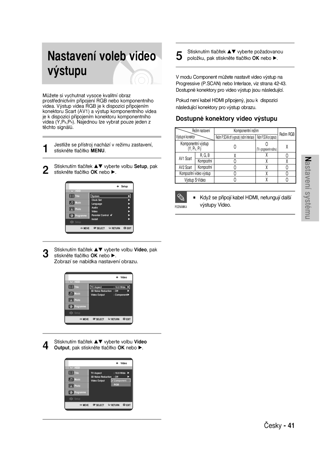 Samsung DVD-HR725/EUR Nastavení voleb video v˘stupu, Dostupné konektory video v˘stupu, ˘stupy Video, Komponentní reÏim 