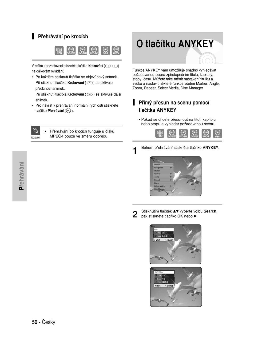 Samsung DVD-HR725/XEH manual Tlaãítku Anykey, Pﬁehrávání po krocích, 50 âesky, Pﬁím˘ pﬁesun na scénu pomocí tlaãítka Anykey 