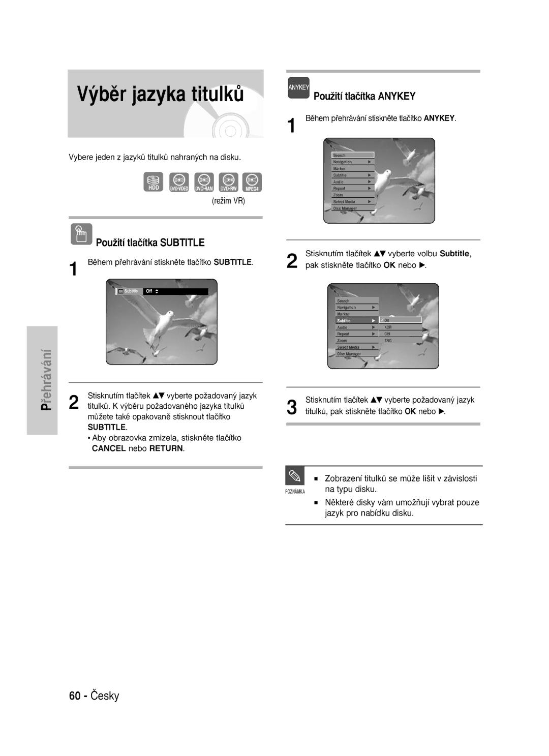 Samsung DVD-HR725/XEH, DVD-HR725/EUR manual ˘bûr jazyka titulkÛ, 60 âesky, PouÏití tlaãítka Subtitle, Na typu disku 