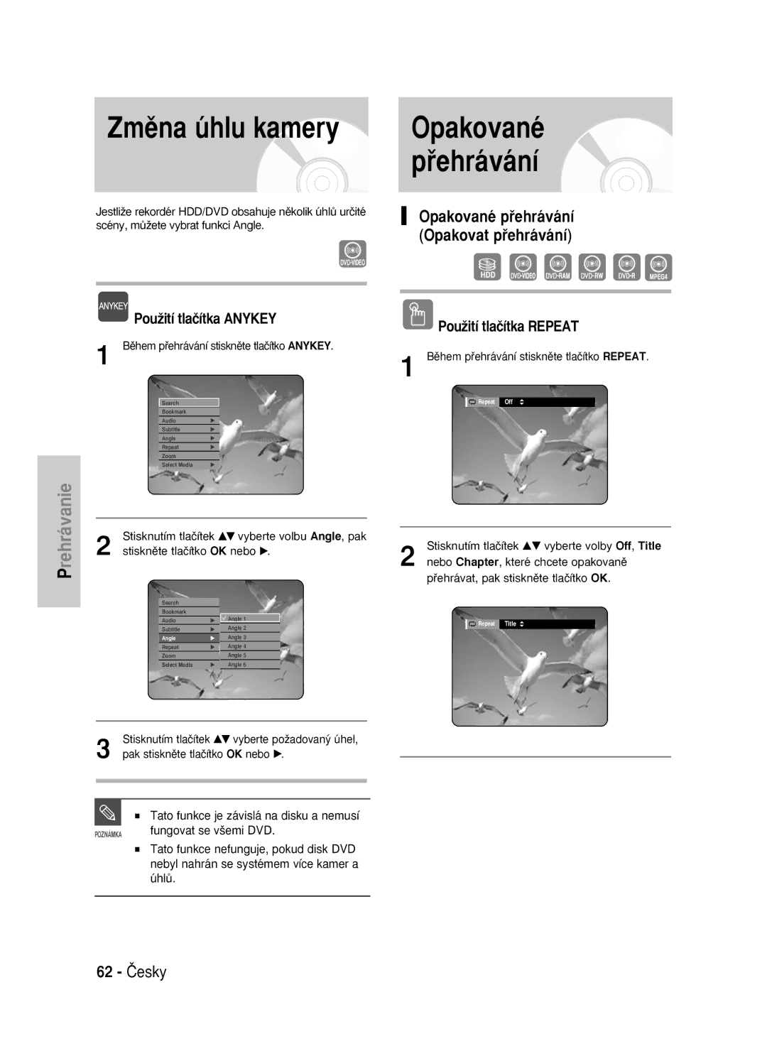 Samsung DVD-HR725/XEH, DVD-HR725/EUR manual Zmûna úhlu kamery, Opakované, Pﬁehrávání, 62 âesky, PouÏití tlaãítka Repeat 