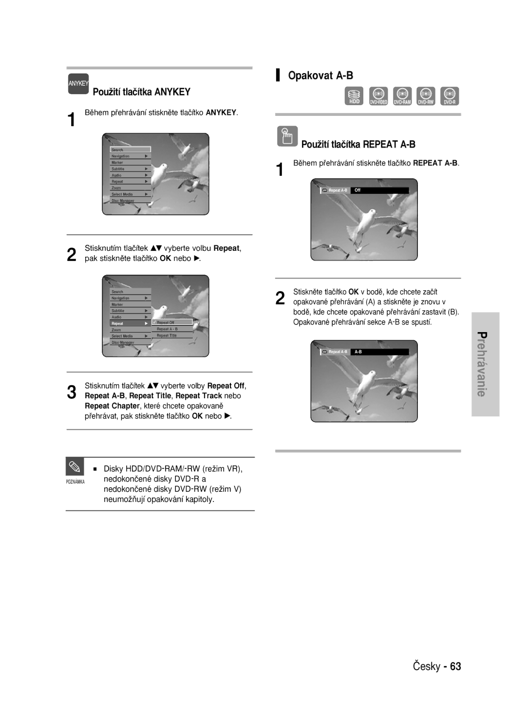 Samsung DVD-HR725/EUR, DVD-HR725/XEH manual Opakovat A-B, PouÏití tlaãítka Repeat A-B, Disky HDD/DVD-RAM/-RW reÏim VR 