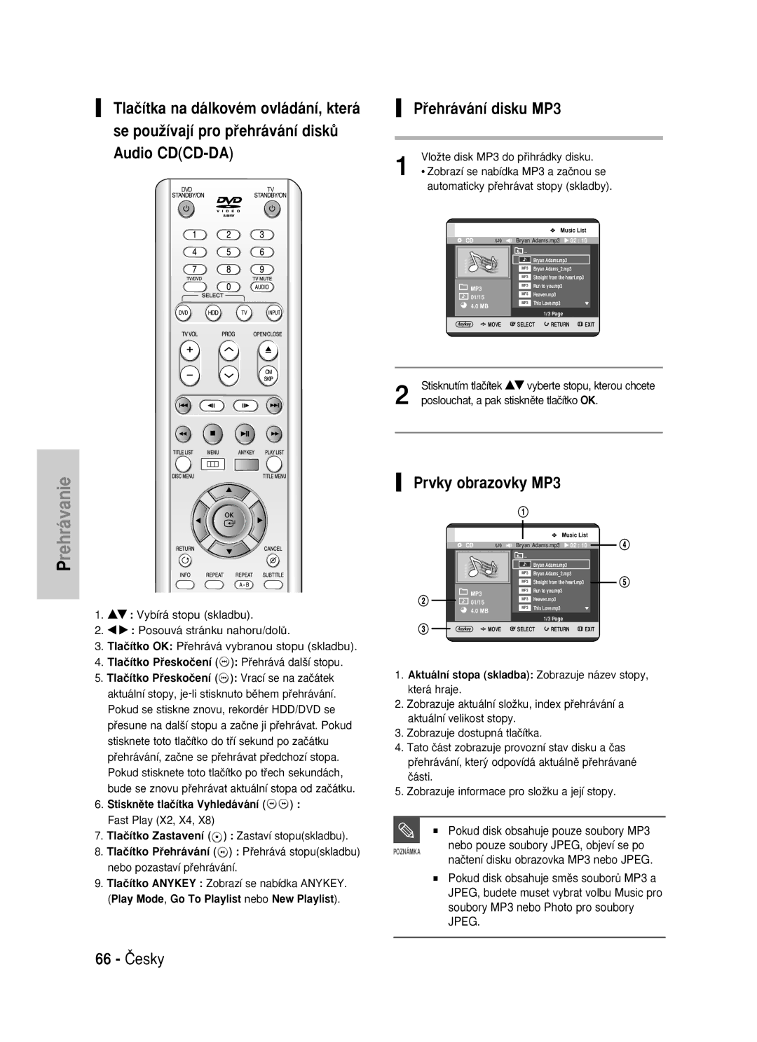 Samsung DVD-HR725/XEH manual Pﬁehrávání disku MP3, Prvky obrazovky MP3, 66 âesky, Pokud disk obsahuje pouze soubory MP3 