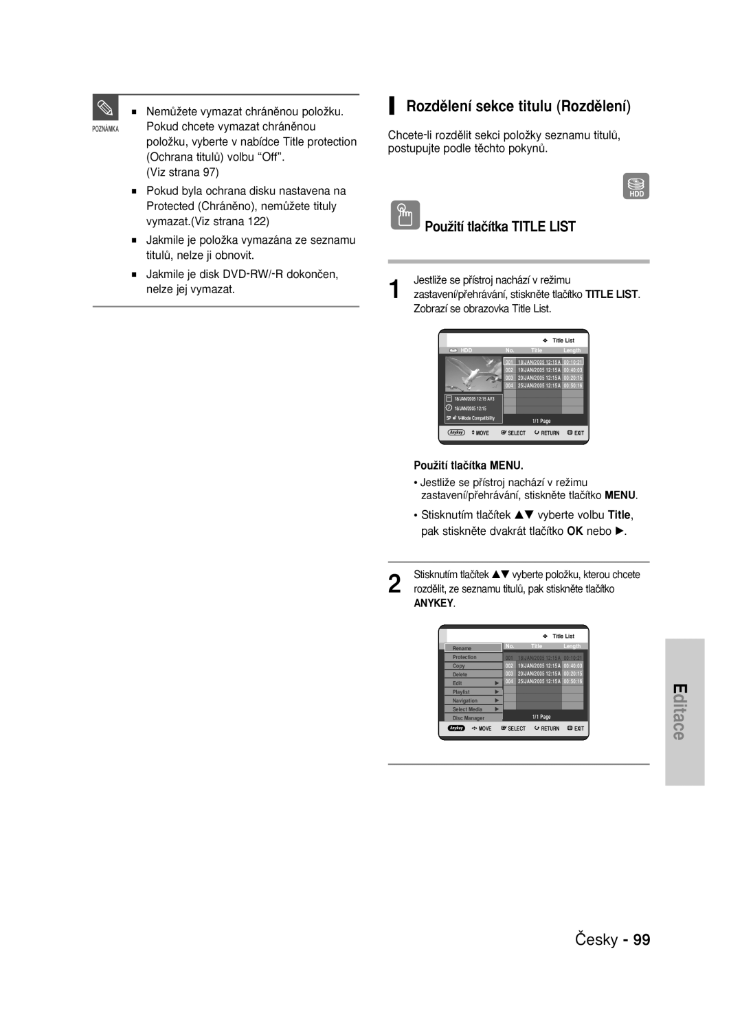 Samsung DVD-HR725/EUR, DVD-HR725/XEH manual Rozdûlení sekce titulu Rozdûlení 