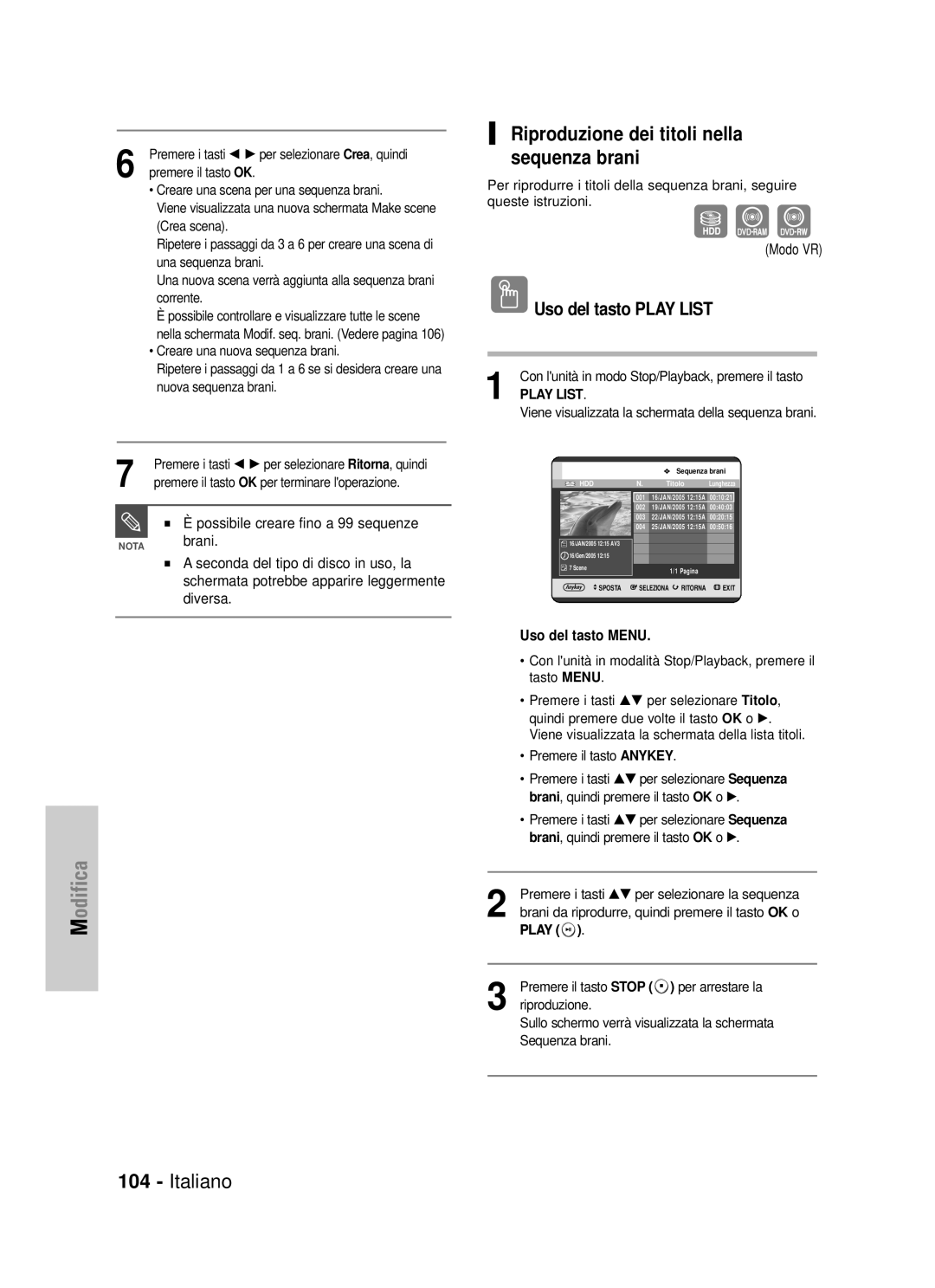 Samsung DVD-HR725/XET manual Riproduzione dei titoli nella sequenza brani, Uso del tasto Play List, Brani 