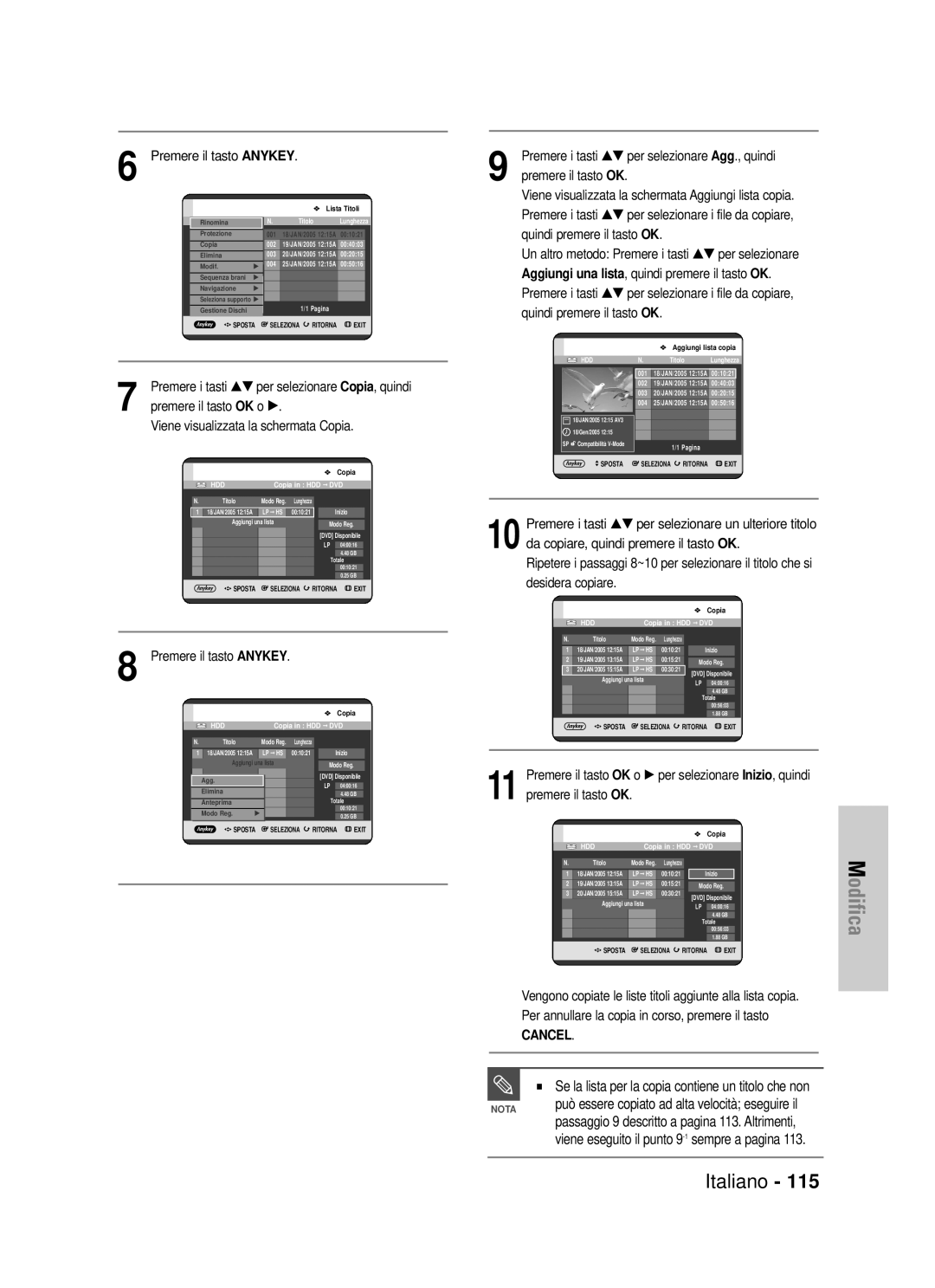 Samsung DVD-HR725/XET manual Premere il tasto Anykey, Premere il tasto OK o √ per selezionare Inizio, quindi 