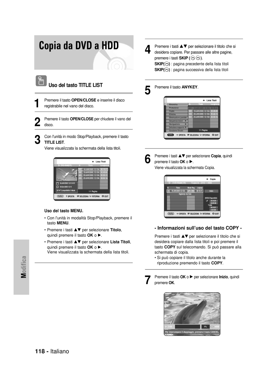 Samsung DVD-HR725/XET manual Copia da DVD a HDD, Premere i tasti …† per selezionare Copia, quindi 