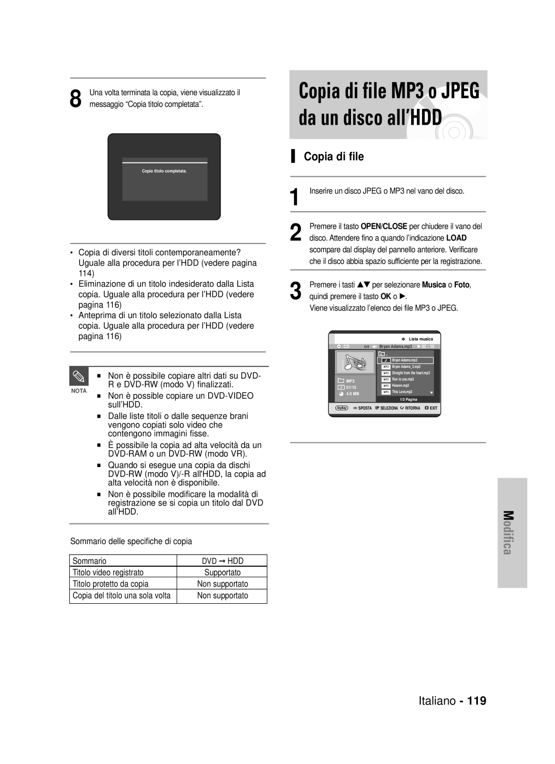 Samsung DVD-HR725/XET manual Copia di file MP3 o Jpeg da un disco all’HDD 