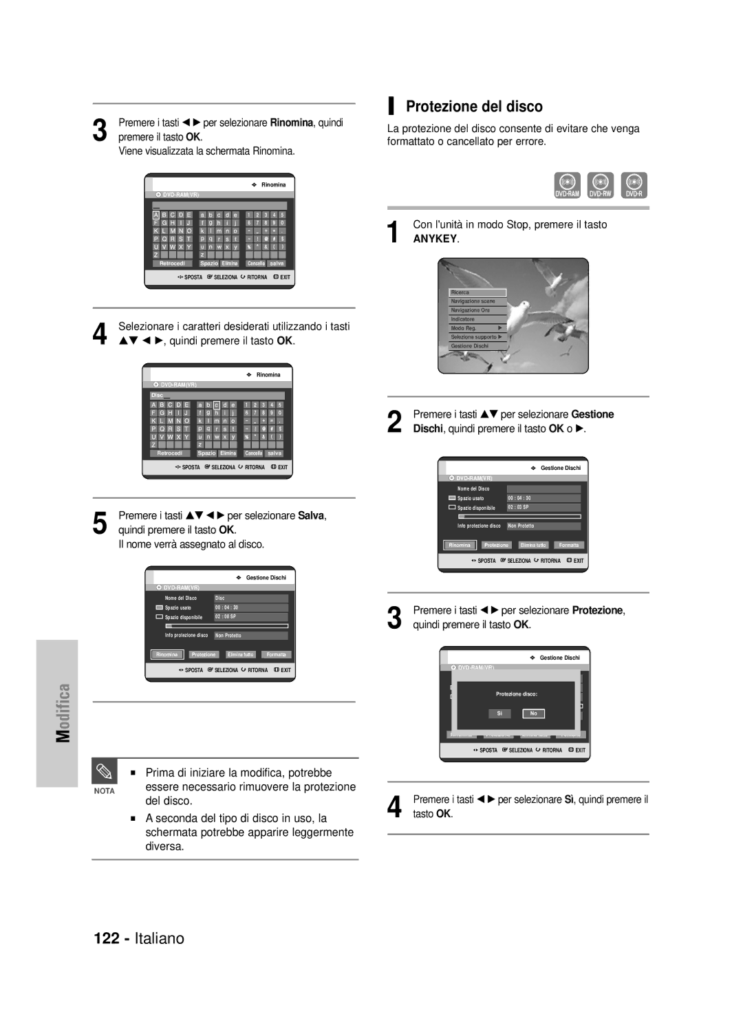 Samsung DVD-HR725/XET manual Protezione del disco, Prima di iniziare la modifica, potrebbe, Del disco, Diversa 