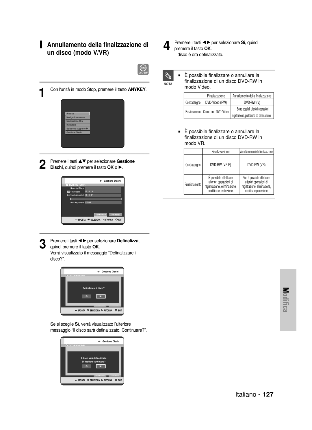 Samsung DVD-HR725/XET manual Annullamento della finalizzazione di un disco modo V/VR, Modo Video, Disco? 