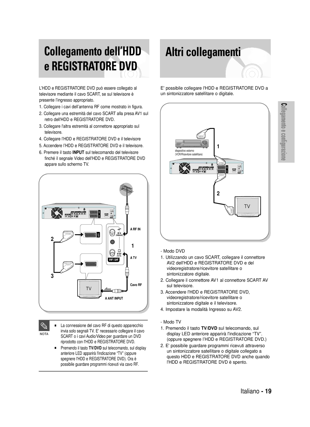 Samsung DVD-HR725/XET manual Altri collegamenti, Collegamento dell’HDD e Registratore DVD 