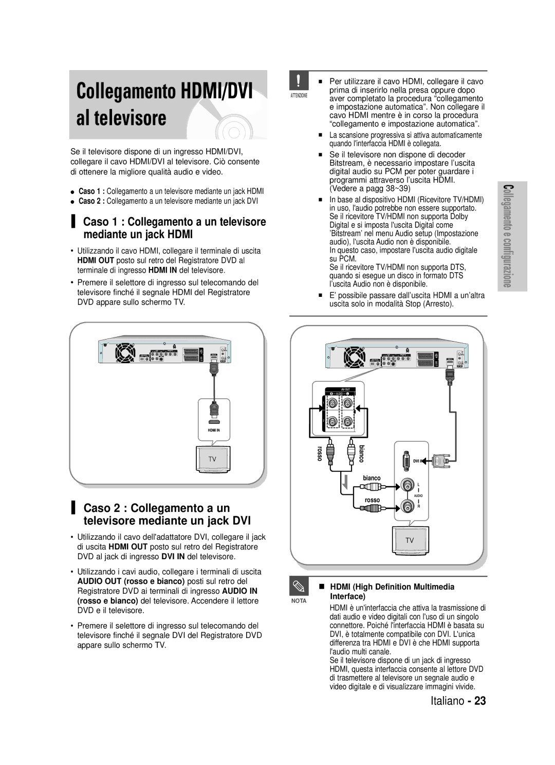 Samsung DVD-HR725/XET manual Al televisore, Mediante un jack Hdmi, Caso 2 Collegamento a un televisore mediante un jack DVI 