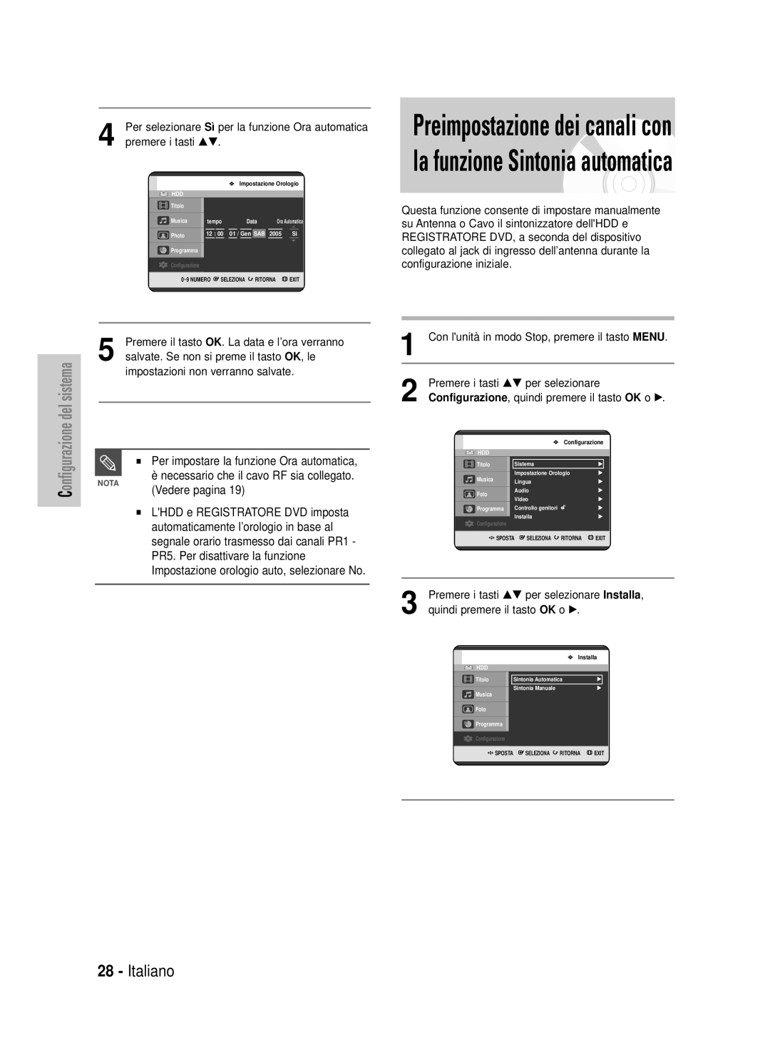 Samsung DVD-HR725/XET manual Per impostare la funzione Ora automatica, Necessario che il cavo RF sia collegato 