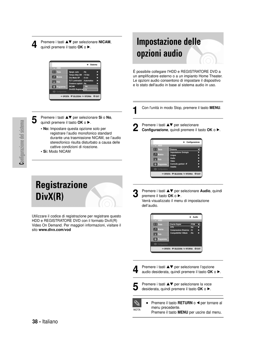 Samsung DVD-HR725/XET Registrazione DivXR, Impostazione delle opzioni audio, Premere il tasto Return o œ per tornare al 