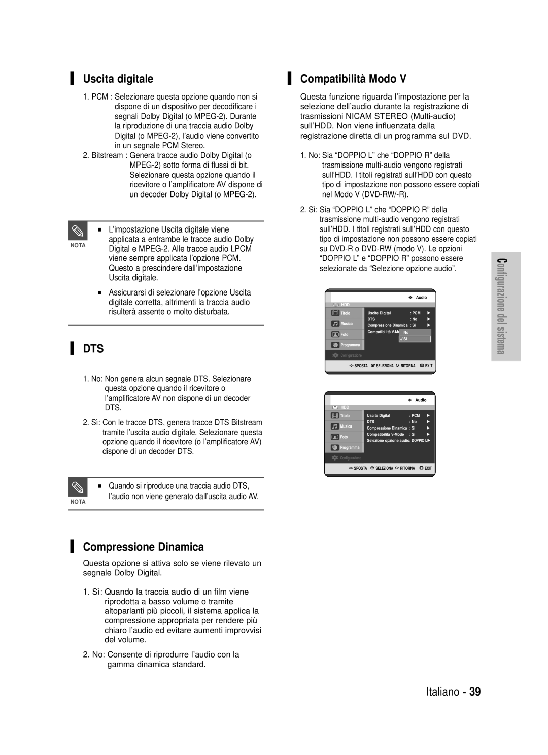 Samsung DVD-HR725/XET manual Uscita digitale, Compatibilità Modo, Compressione Dinamica 