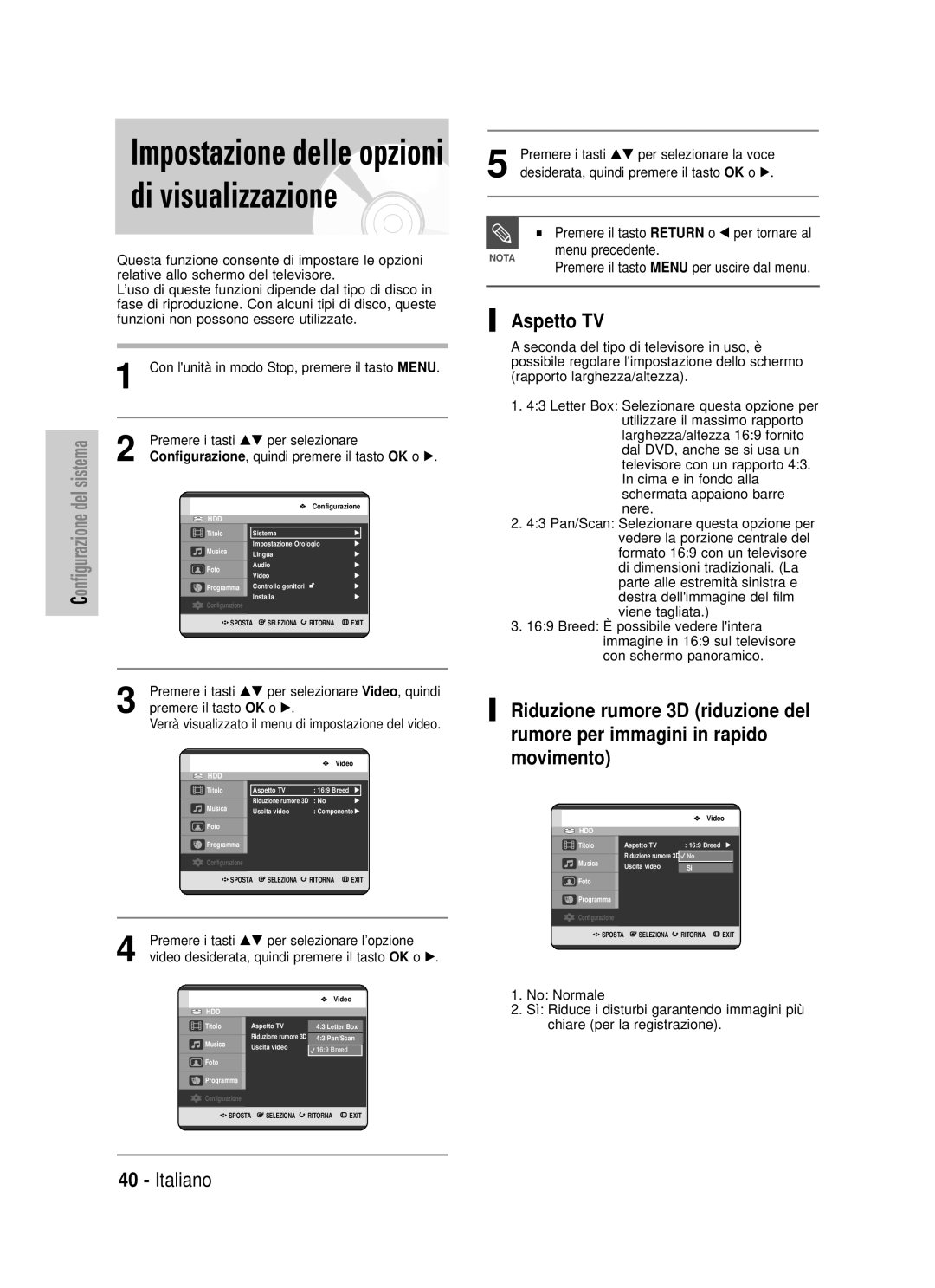 Samsung DVD-HR725/XET manual Impostazione delle opzioni di visualizzazione, Aspetto TV 