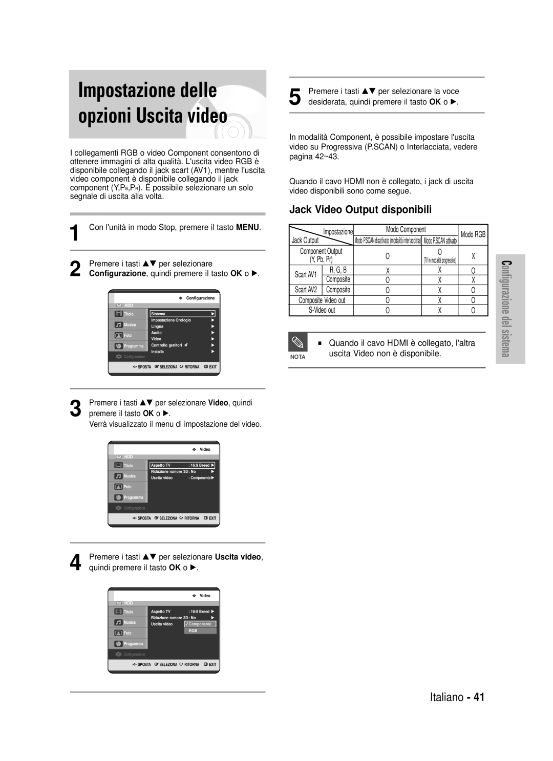 Samsung DVD-HR725/XET manual Impostazione delle opzioni Uscita video, Jack Video Output disponibili, Modo Component 