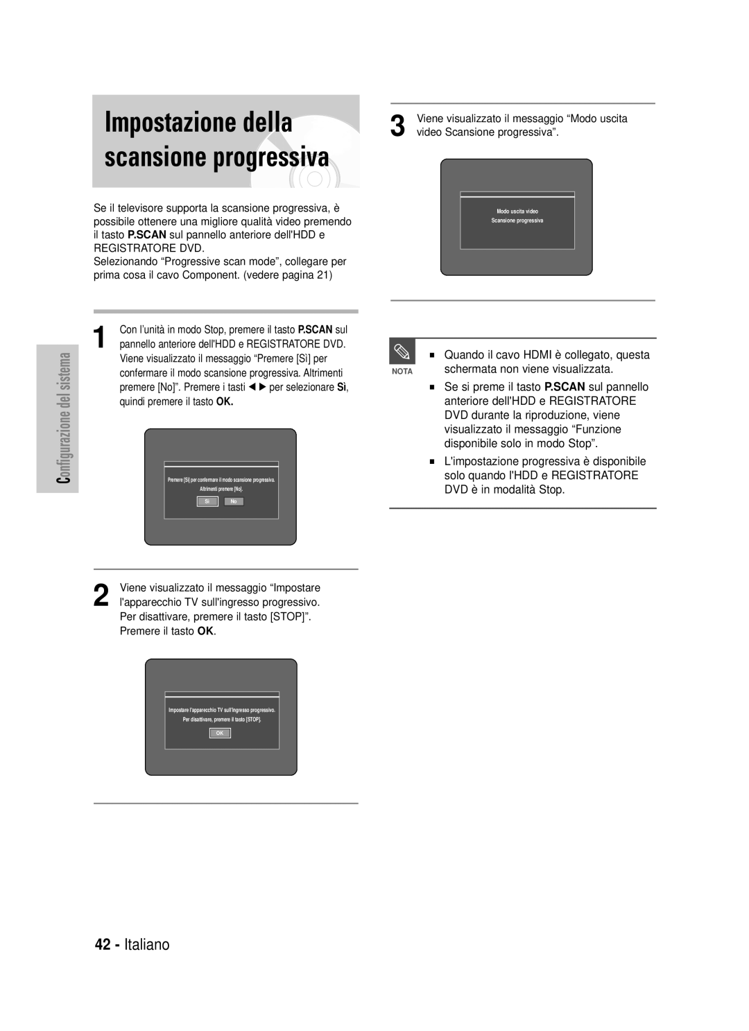 Samsung DVD-HR725/XET manual Impostazione della scansione progressiva 