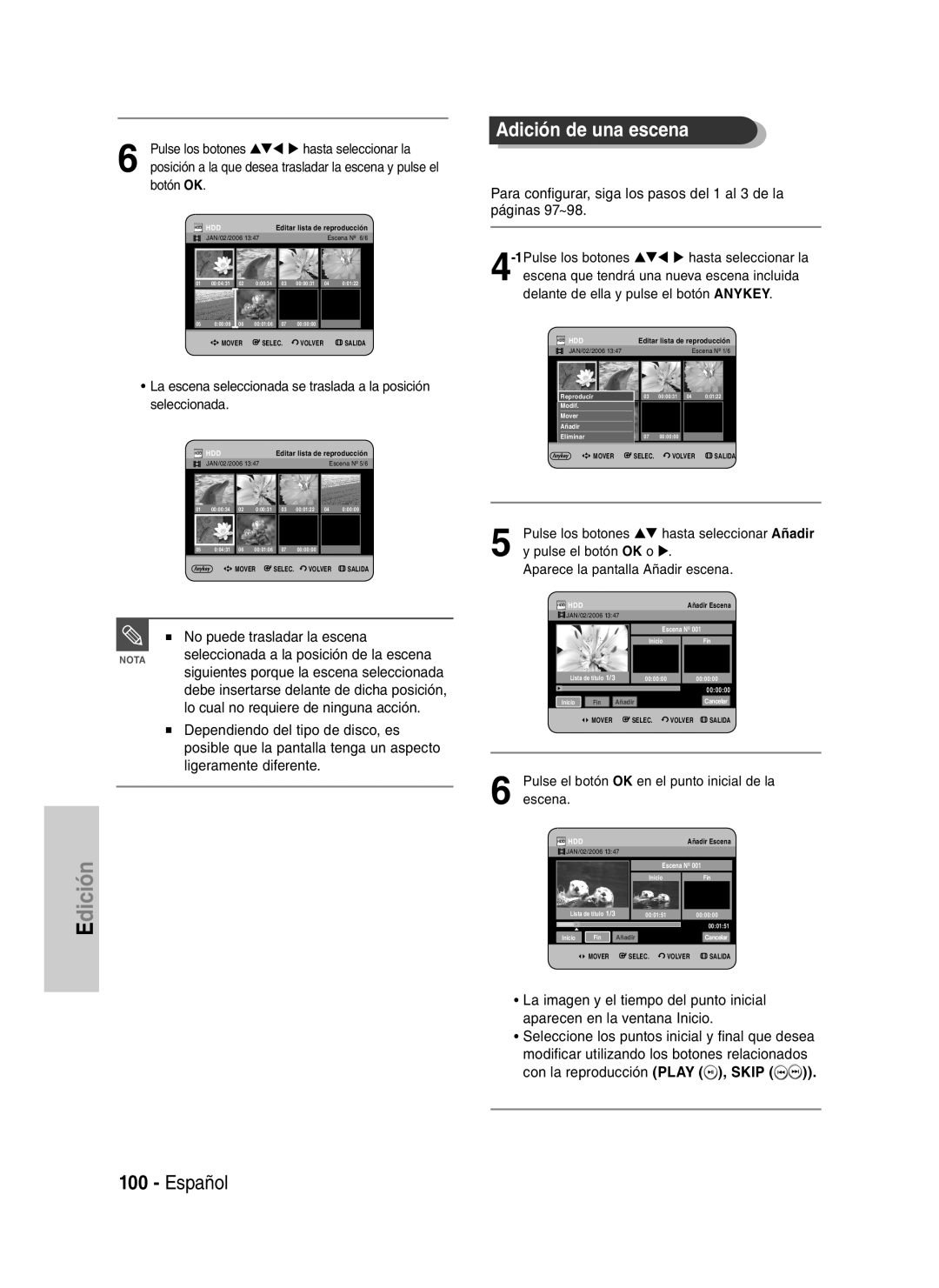 Samsung DVD-HR730A/XEC manual No puede trasladar la escena, Aparece la pantalla Añadir escena 