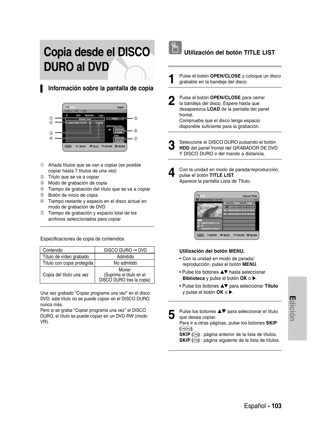 Samsung DVD-HR730A/XEC manual Información sobre la pantalla de copia, Especificaciones de copia de contenidos Contenido 