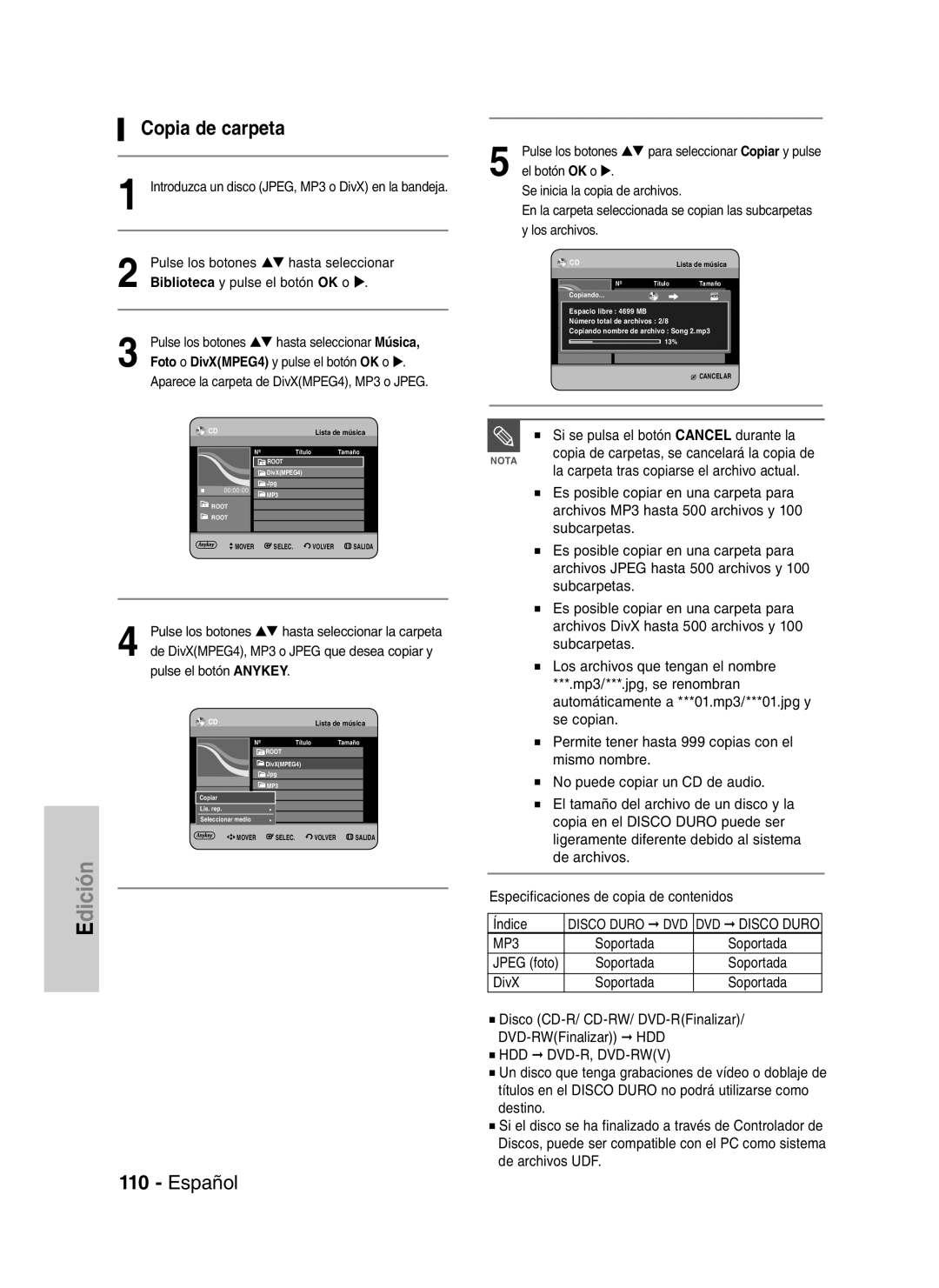 Samsung DVD-HR730A/XEC manual Copia de carpeta 